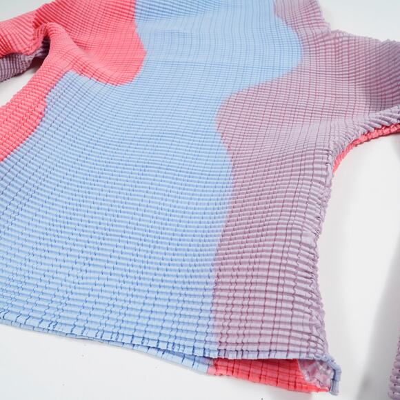 Issey Miyake Mainline Pleated Long Sleeve High Neck Top 2 Blue Pink IM58FJ187 - Picture 6 of 13